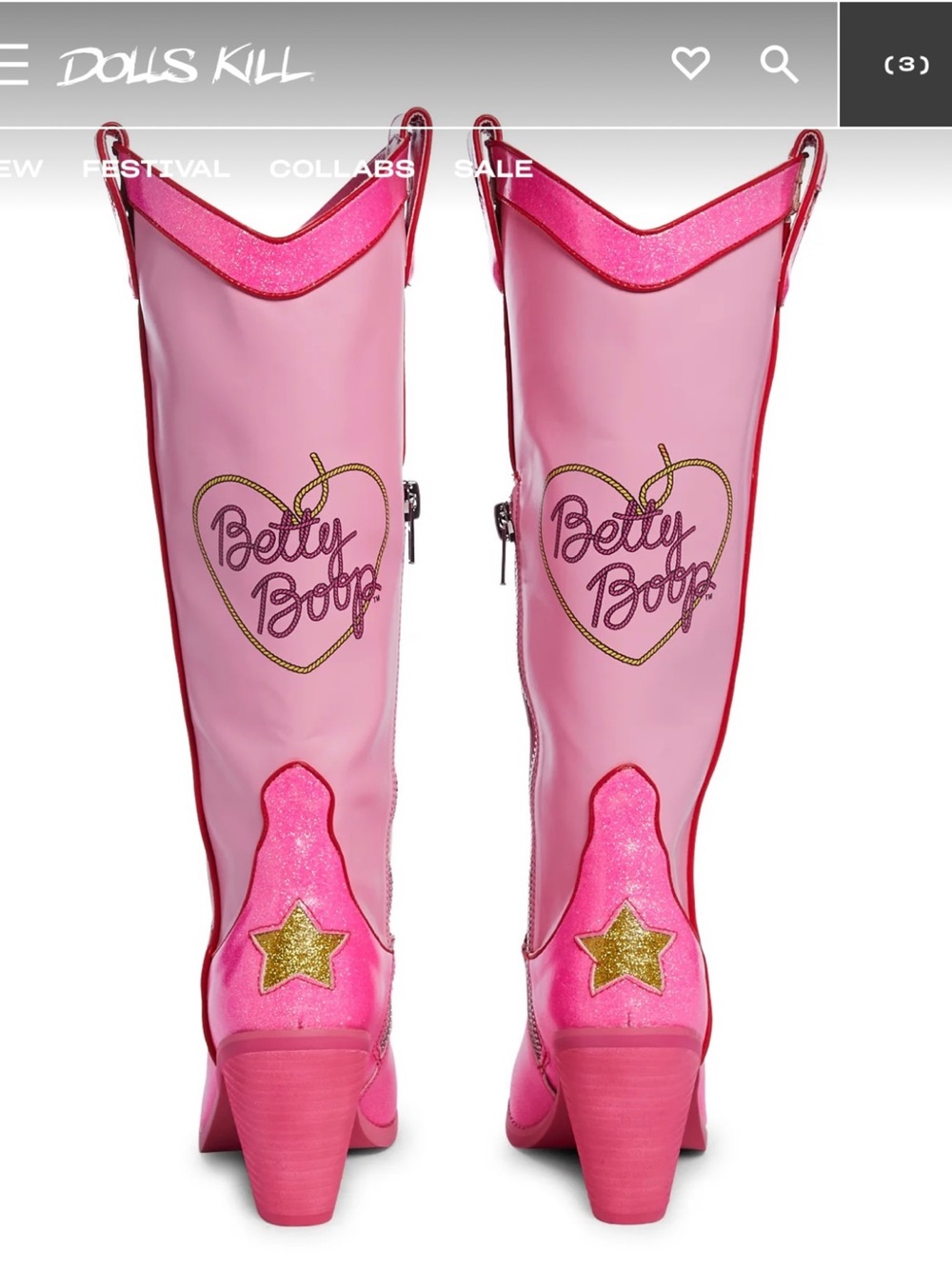 Betty Boop Pink Glitter Western Knee Boots with Gold Star Accents - Picture 2 of 10